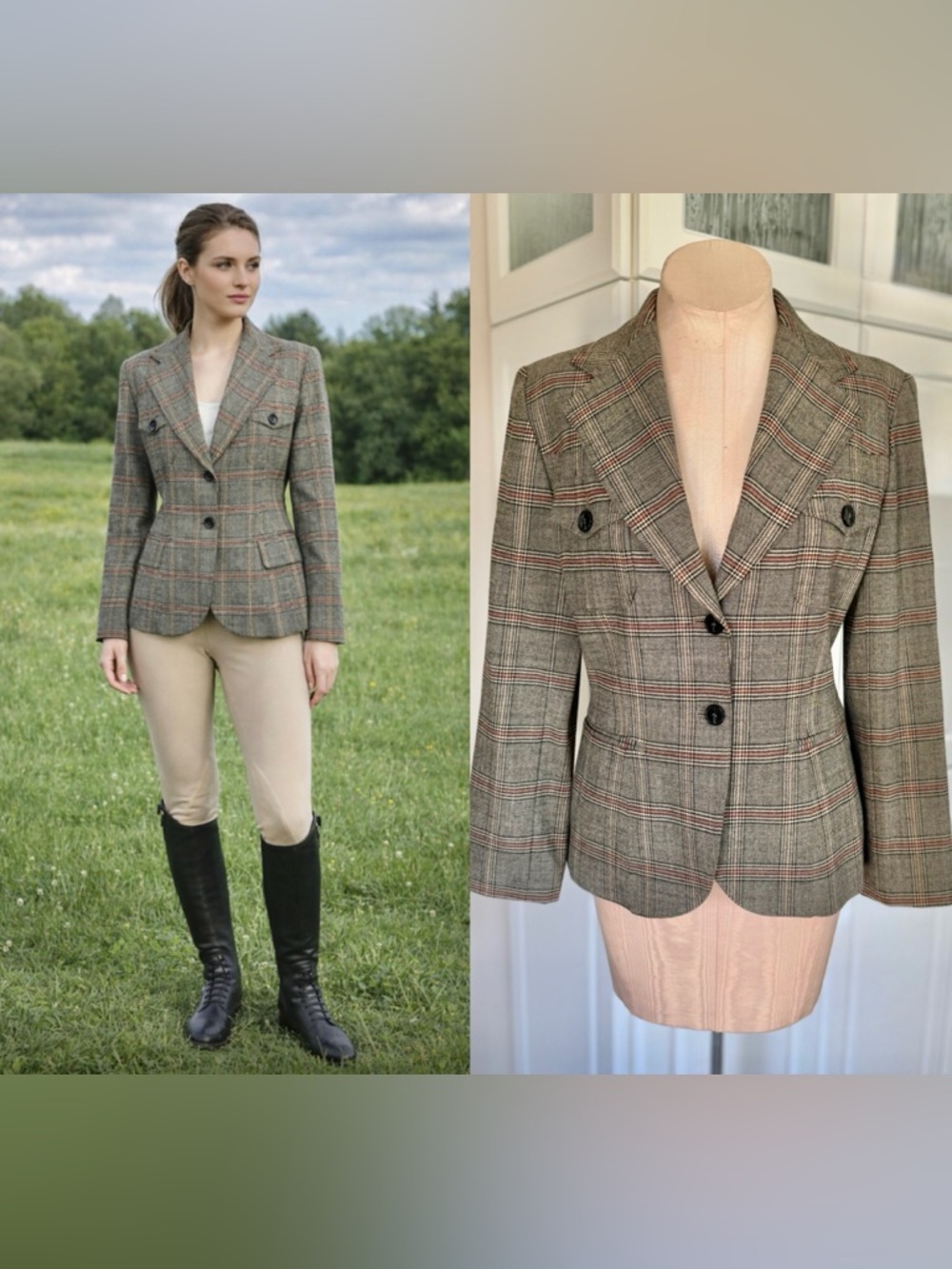 Plaid Wool Tweed Blazer with Rust Red Windowpane ANNE KLEIN